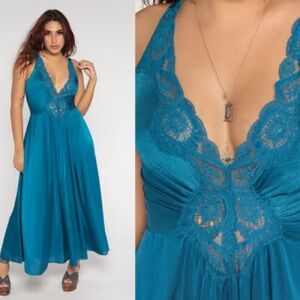 Vintage Teal Blue Olga Night Gown Slip-Dress